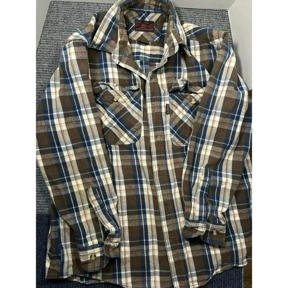 Five Brother Mens L Brown & Blue Plaid Flannel Shirt Long Sleeve Button-Up - Picture 1 of 6